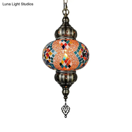 Vintage Stained Glass Pendant Lamp - Red/Orange/Green Oval Single Head Suspension Lighting