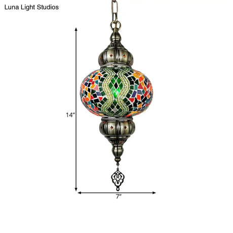 Vintage Stained Glass Pendant Lamp - Red/Orange/Green Oval Single Head Suspension Lighting