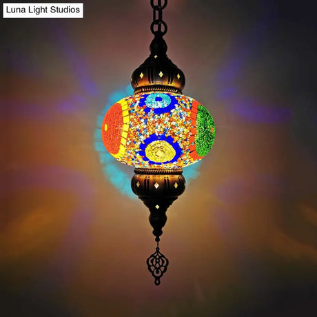 Vintage Stained Glass Pendant Lamp - Red/Orange/Green Oval Single Head Suspension Lighting