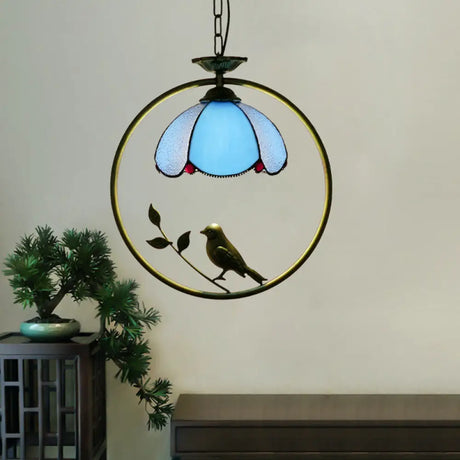Vintage Stained Glass Pendant Light With Scalloped Dome Design Blue / B