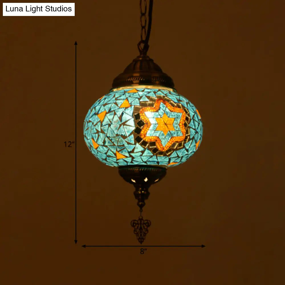 Vintage Stained Glass Spherical Hanging Pendant In Red/Blue/Yellow For Living Room