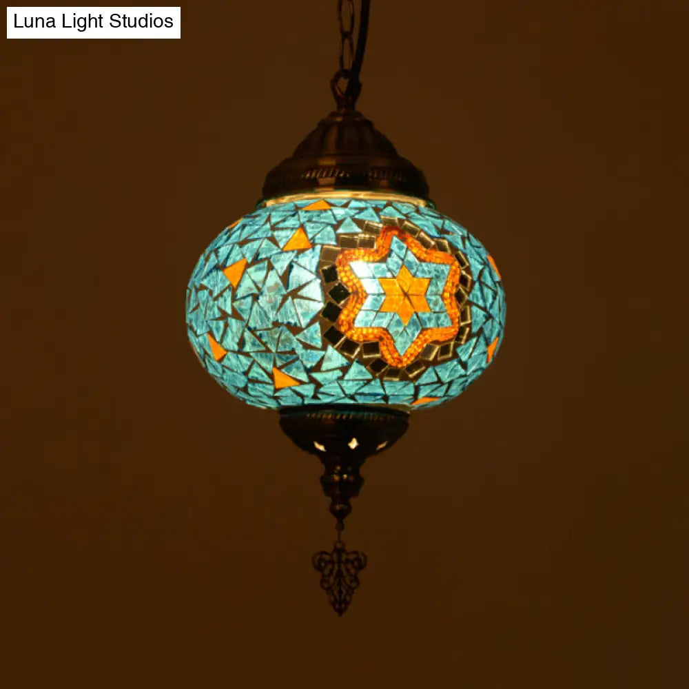 Vintage Stained Glass Spherical Hanging Pendant In Red/Blue/Yellow For Living Room
