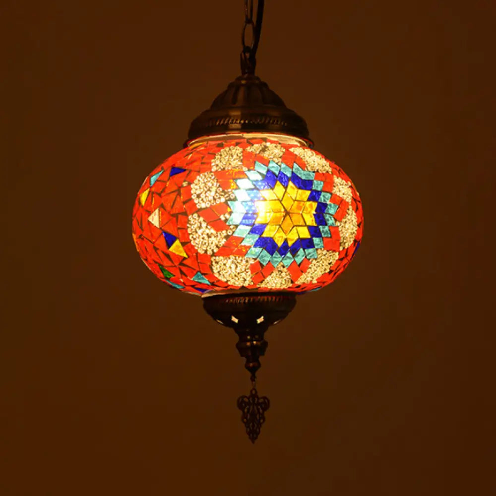 Vintage Stained Glass Spherical Hanging Pendant In Red/Blue/Yellow For Living Room Red