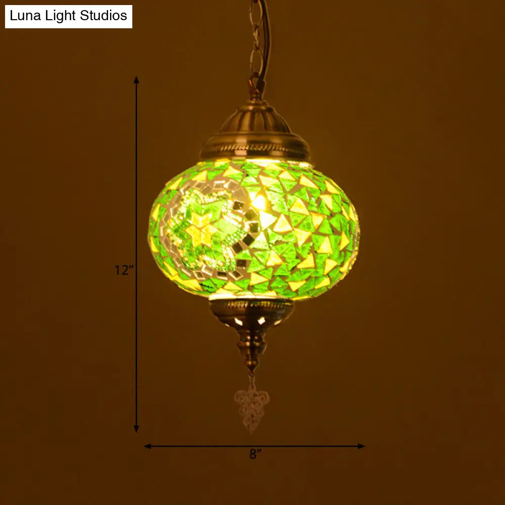 Vintage Stained Glass Spherical Hanging Pendant In Red/Blue/Yellow For Living Room