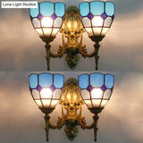 Vintage Stained Glass Wall Lighting: 2-Light Bowl Mount In Blue/Sky Blue For Living Room