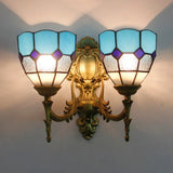 Vintage Stained Glass Wall Lighting: 2-Light Bowl Mount In Blue/Sky Blue For Living Room Sky
