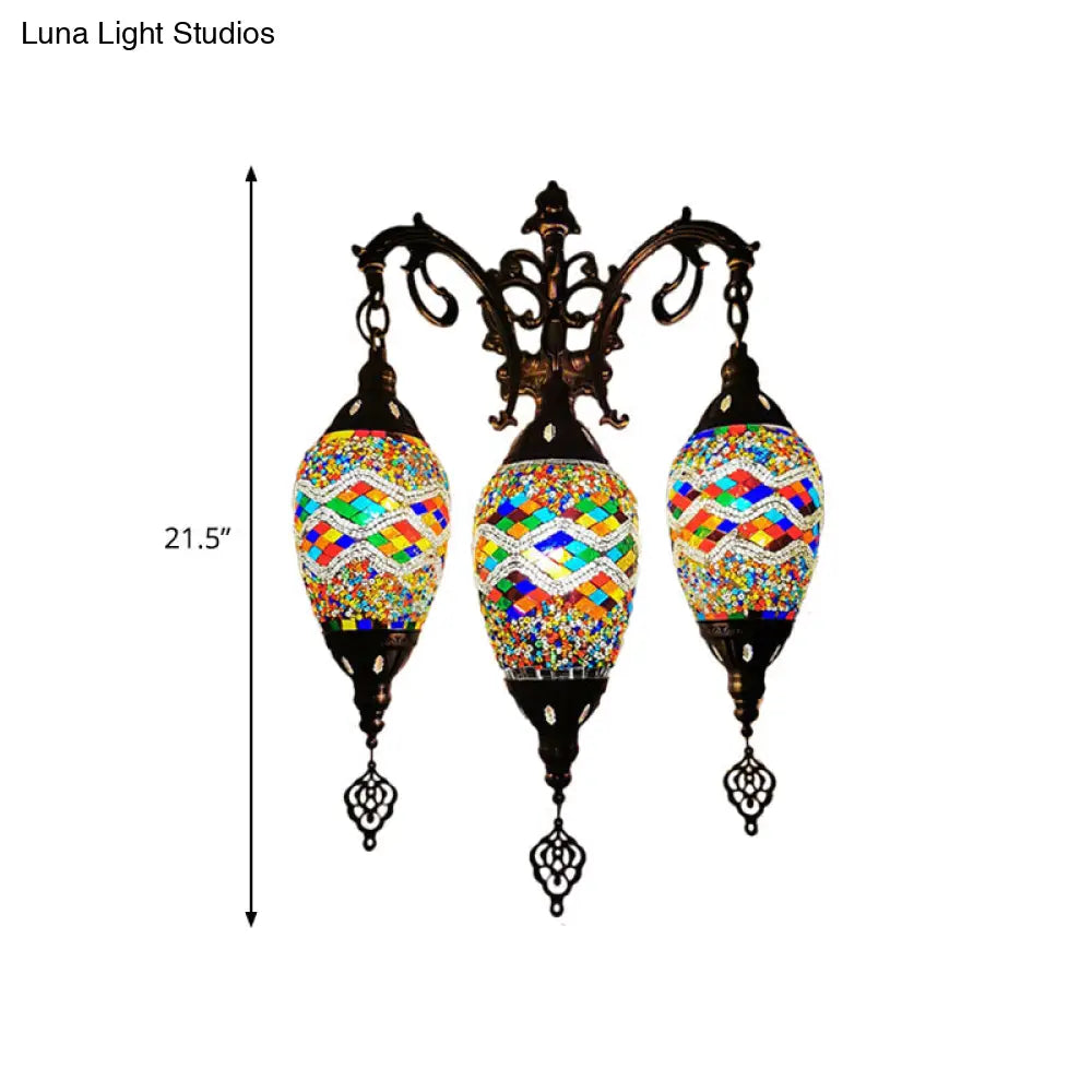Vintage Stained Glass Wall Mount Light Fixture - Yellow/Orange/Blue Oval 3 Lights