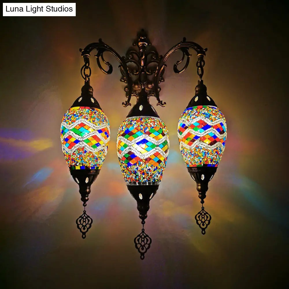 Vintage Stained Glass Wall Mount Light Fixture - Yellow/Orange/Blue Oval 3 Lights