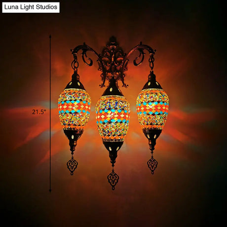 Vintage Stained Glass Wall Mount Light Fixture - Yellow/Orange/Blue Oval 3 Lights