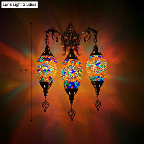 Vintage Stained Glass Wall Mount Light Fixture - Yellow/Orange/Blue Oval 3 Lights