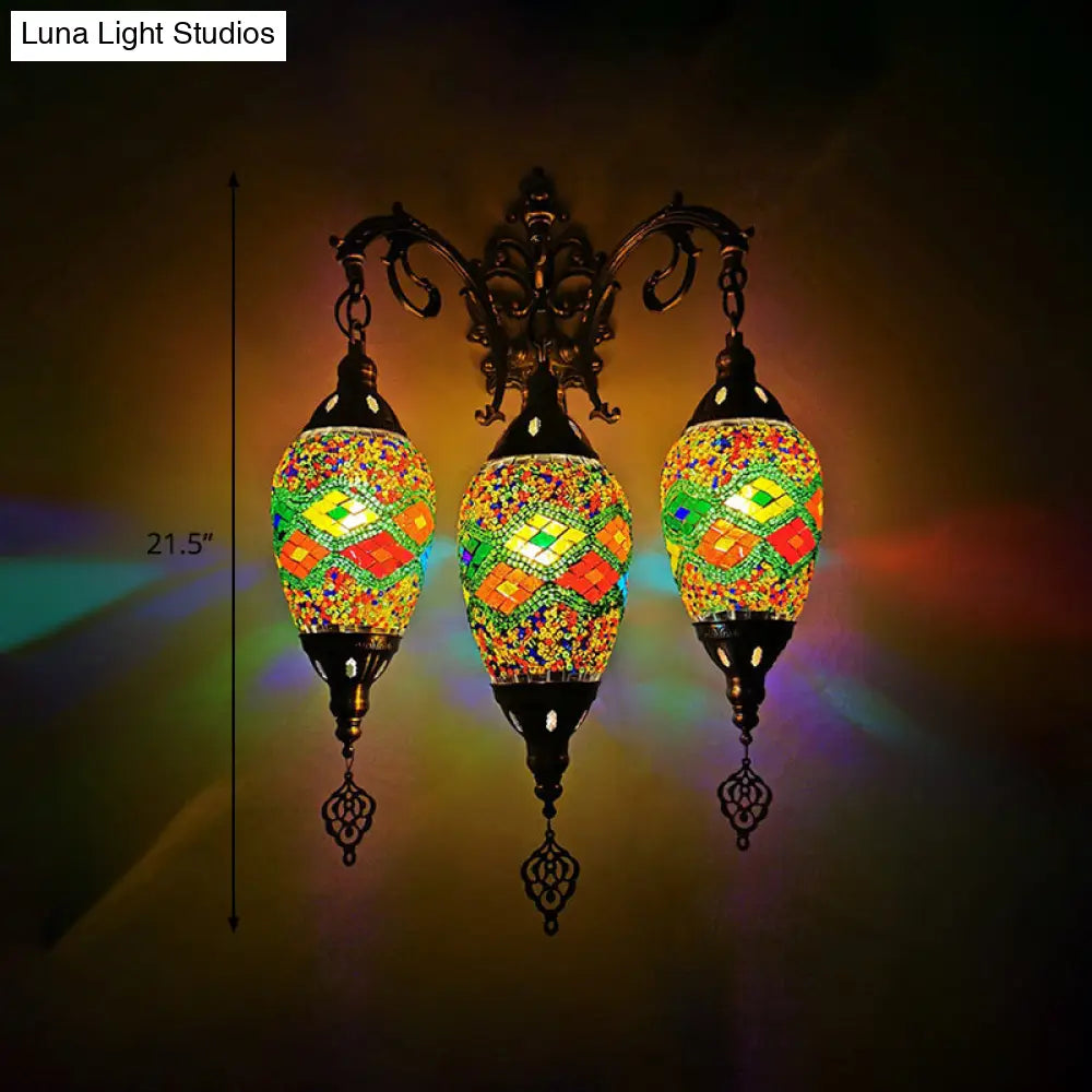 Vintage Stained Glass Wall Mount Light Fixture - Yellow/Orange/Blue Oval 3 Lights