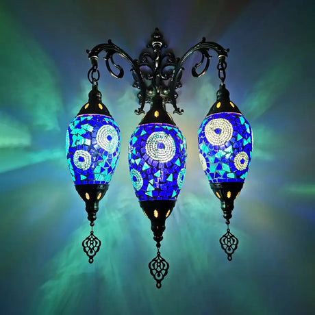 Vintage Stained Glass Wall Mount Light Fixture - Yellow/Orange/Blue Oval 3 Lights Blue