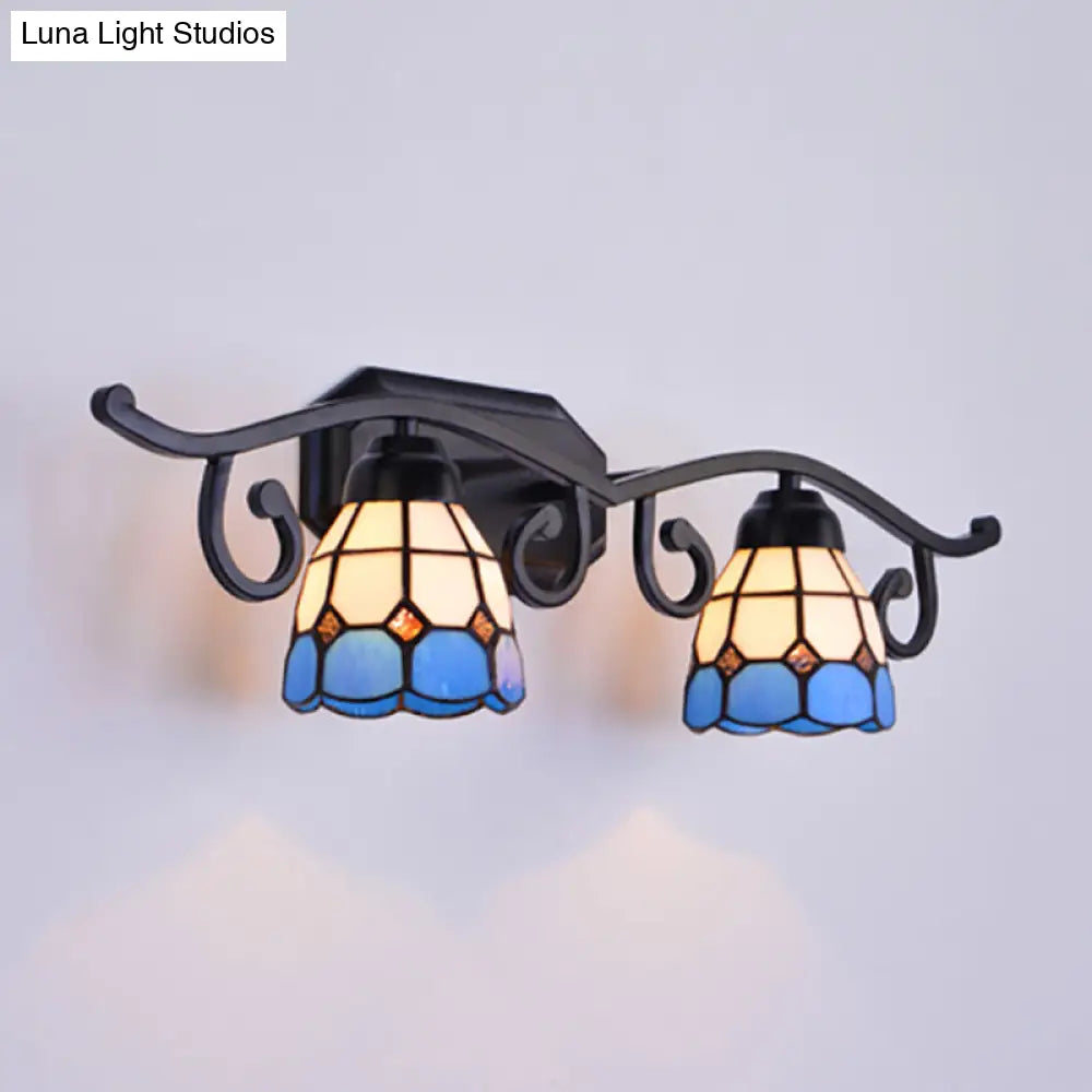 Vintage Stained Glass Wall Sconce Lighting - Dual Head Mount In Black