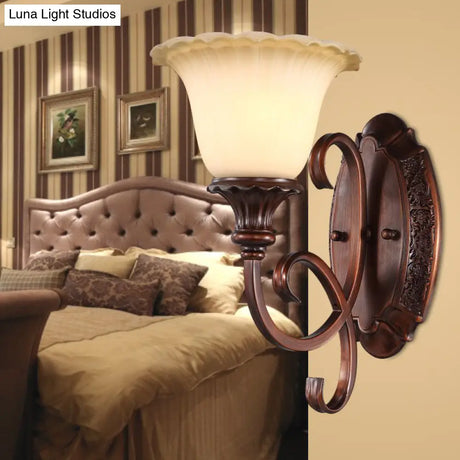 Vintage Style 1-Light Red Brown Flower Wall Sconce With Frosted Glass For Bedroom