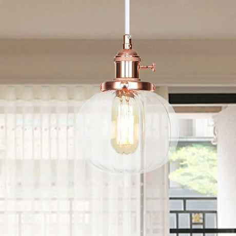 Vintage Style Amber/Clear Ridged Glass Pendant Light Fixture - 1 Adjustable Living Room Ceiling