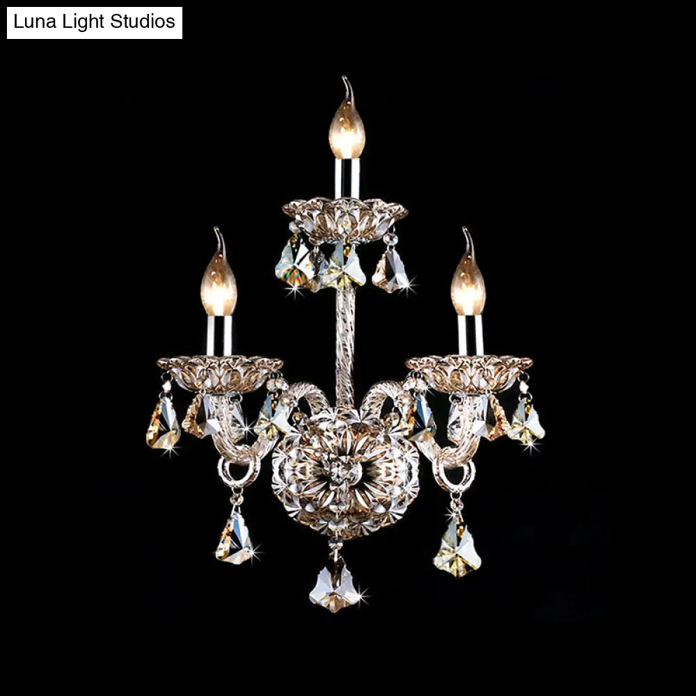 Vintage Style Amber Crystal Candle Wall Sconce With 3 Lights For Living Room