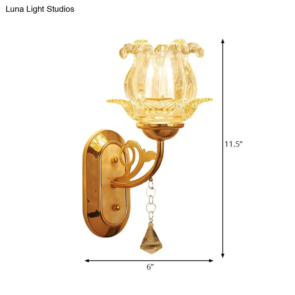 Vintage-Style Bedside Wall Sconce Lamp With Flower Amber Glass Shade And Pull Chain