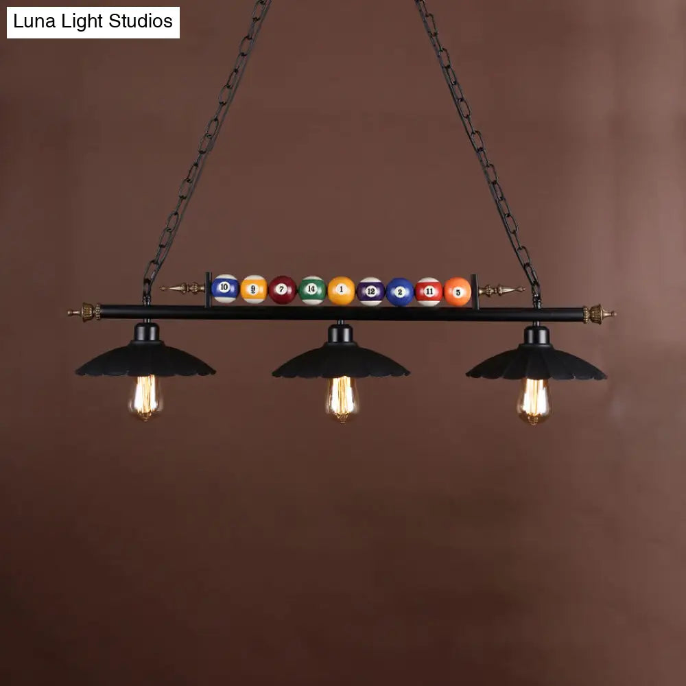 Vintage Style Black Metal Island Chandelier With Ruffled Edge - Ideal For Billiard Room