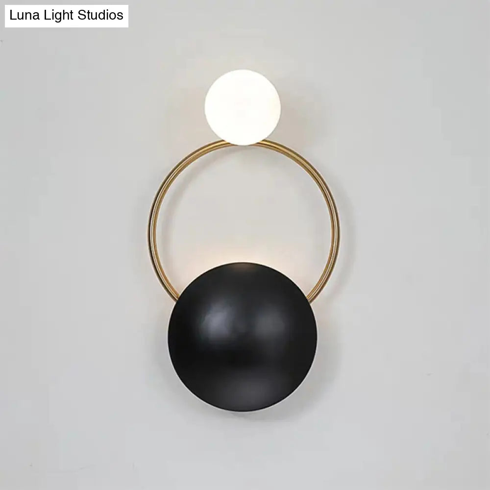 Vintage Style Black Opaline Glass Wall Sconce With Round Backplate - 2-Bulb Globe Design For Bedroom