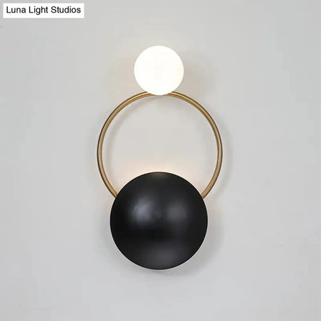 Vintage Style Black Opaline Glass Wall Sconce With Round Backplate - 2-Bulb Globe Design For Bedroom