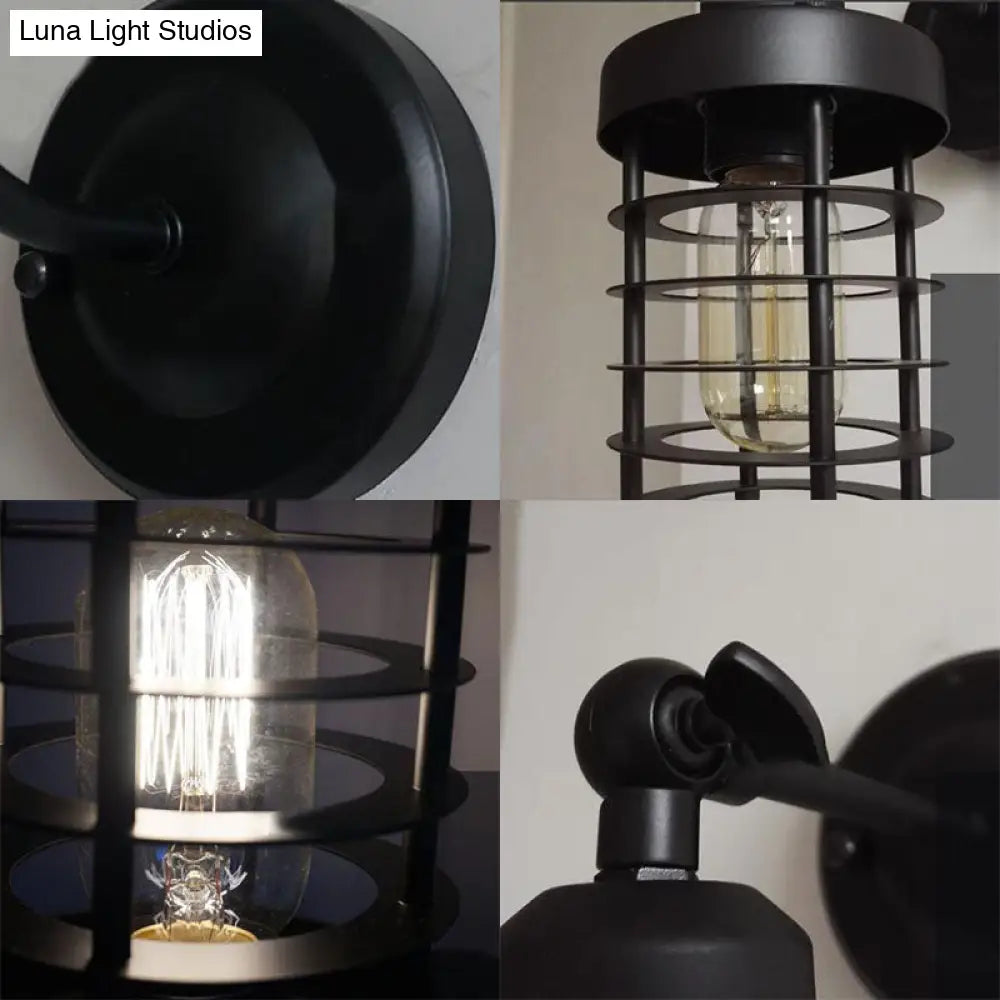 Vintage Style Black Wire Cage Wall Sconce Light Fixture With 1 Head - Ideal For Stairways