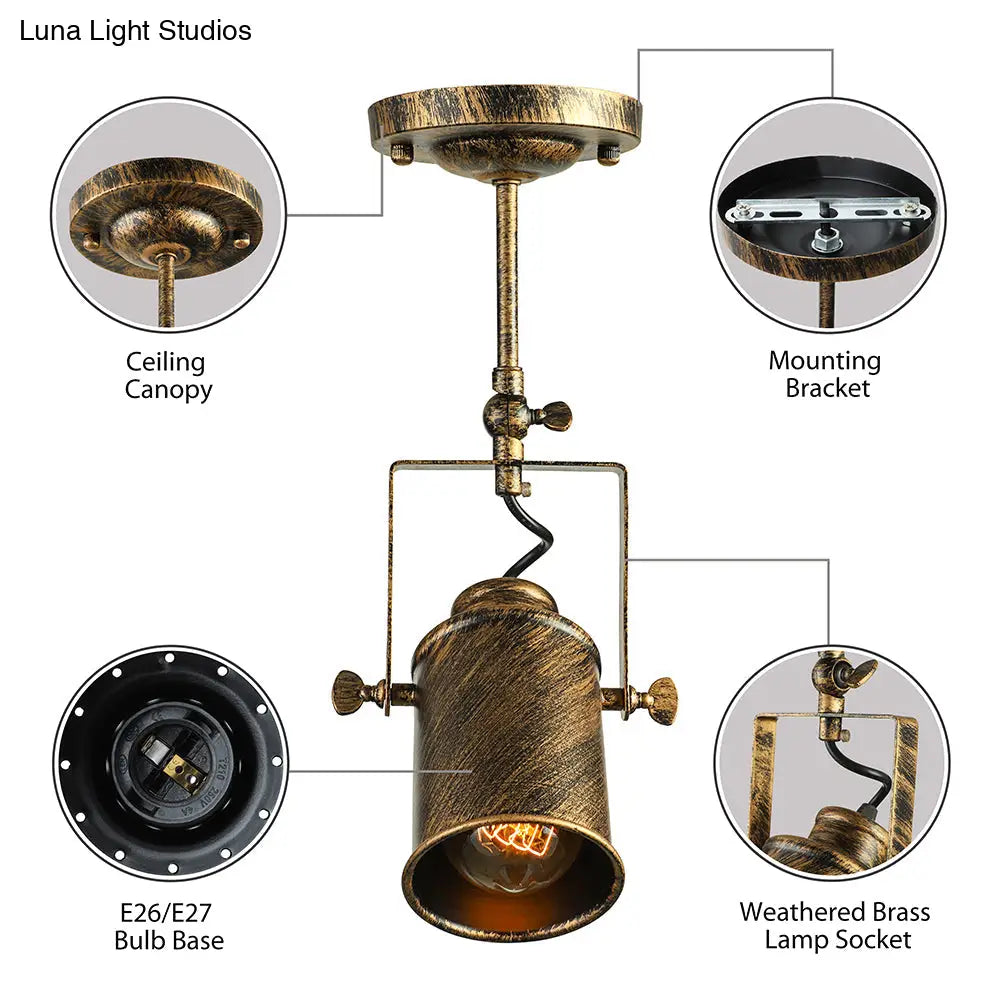 Vintage Style Bronze/Gold Finish Semi Flush Mount Ceiling Light With Cylindrical Shade – Ideal