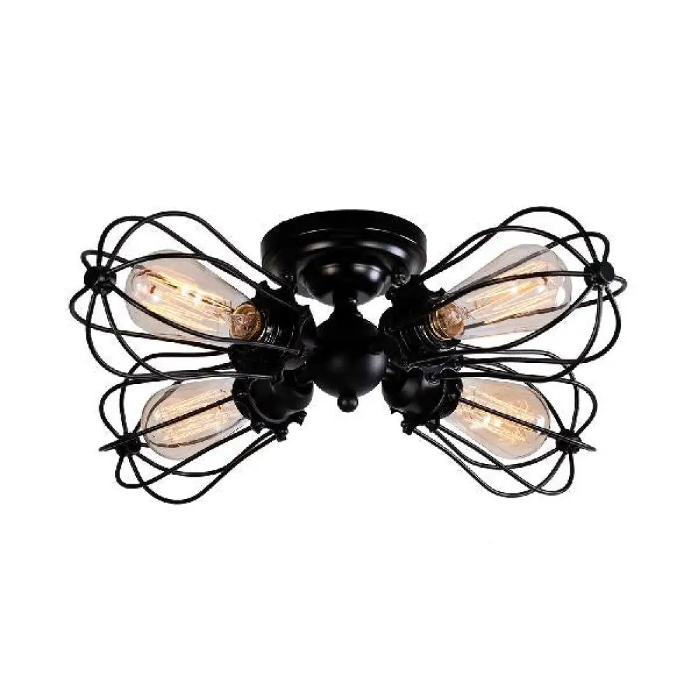 Vintage Style Bulb Shaped Iron Ceiling Light With Wire Guard | Semi Flush Mount 3/4/5 Lights