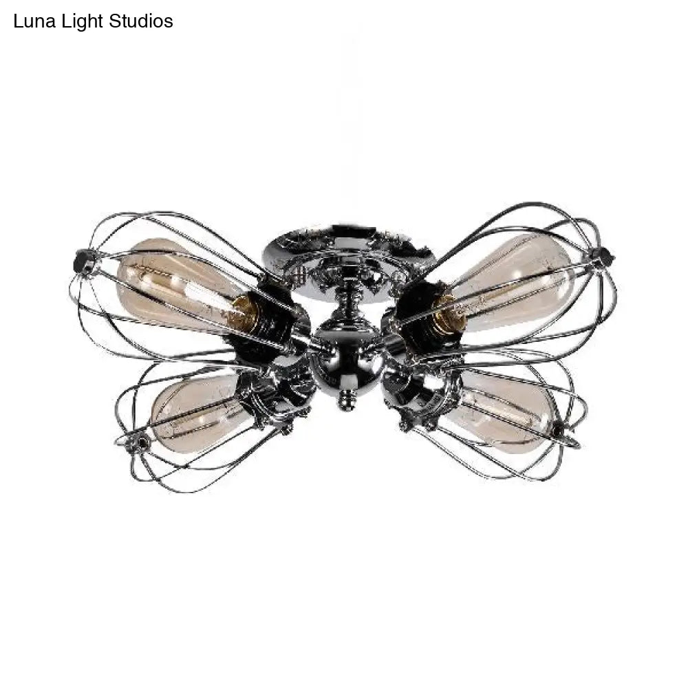 Vintage Style Bulb Shaped Iron Ceiling Light With Wire Guard | Semi Flush Mount 3/4/5 Lights