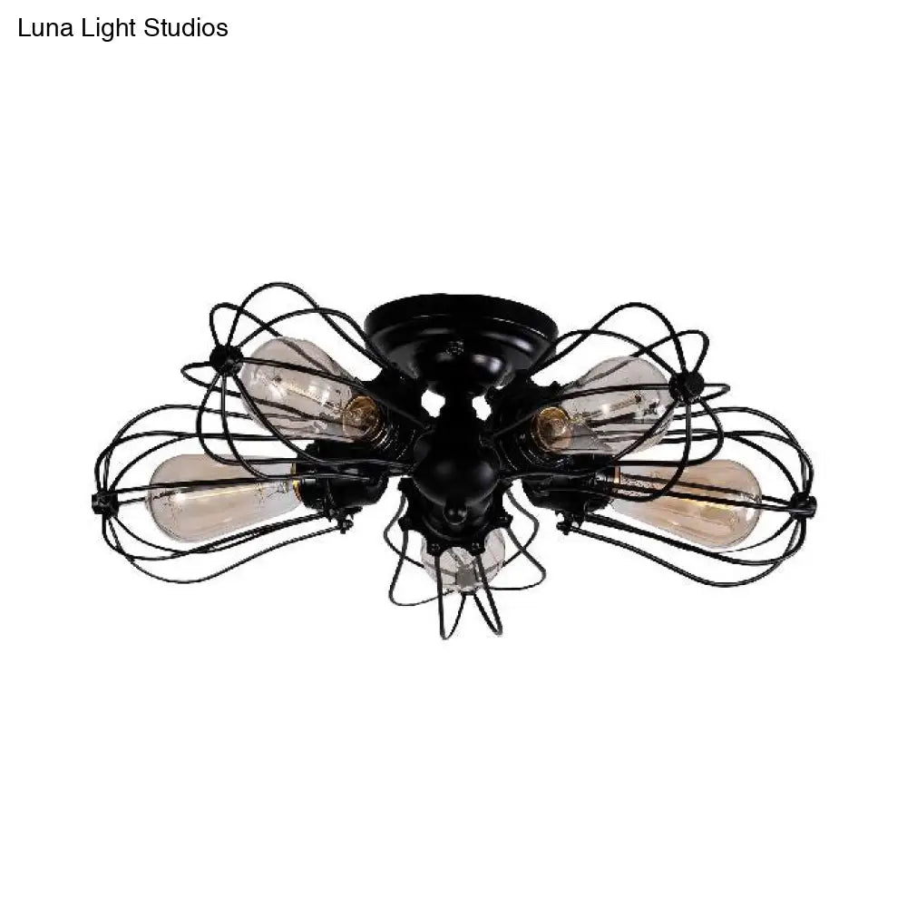 Vintage Style Bulb Shaped Iron Ceiling Light With Wire Guard | Semi Flush Mount 3/4/5 Lights