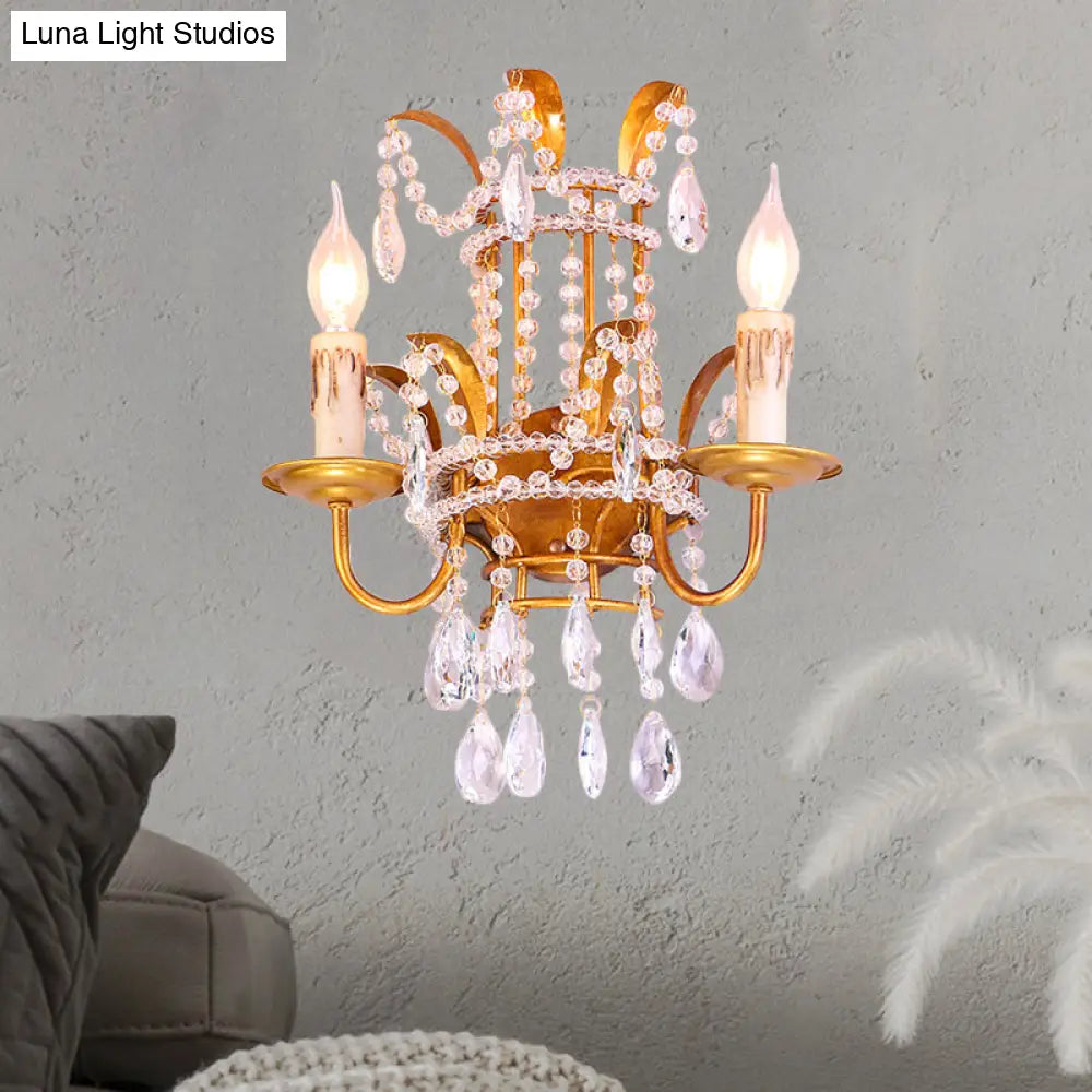 Vintage Style Clear Crystal Beaded Sconce Wall Lamp With Brass Finish - Ideal For Bedroom
