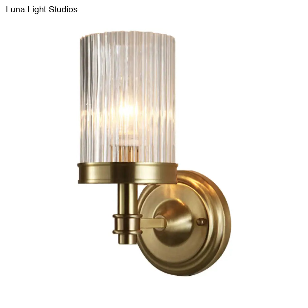 Vintage Style Clear Ribbed Glass Cylinder Wall Lamp - Black/Gold Finish Sconce Fixture For Living