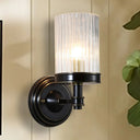 Vintage Style Clear Ribbed Glass Cylinder Wall Lamp - Black/Gold Finish Sconce Fixture For Living