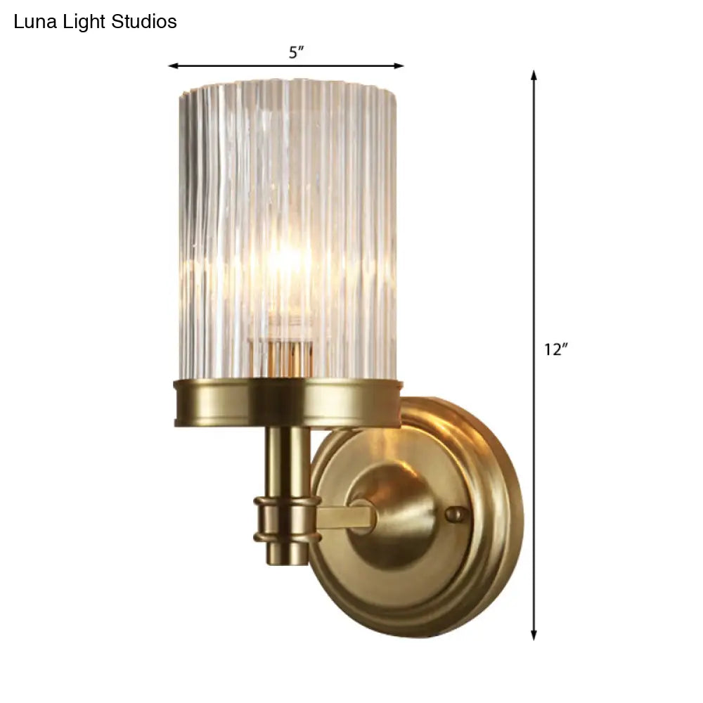 Vintage Style Clear Ribbed Glass Cylinder Wall Lamp - Black/Gold Finish Sconce Fixture For Living