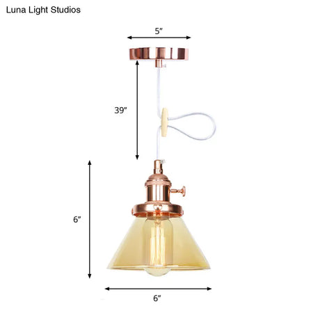 Vintage Style Conical Hanging Pendant Light With Amber/Clear Glass And Metal Head In