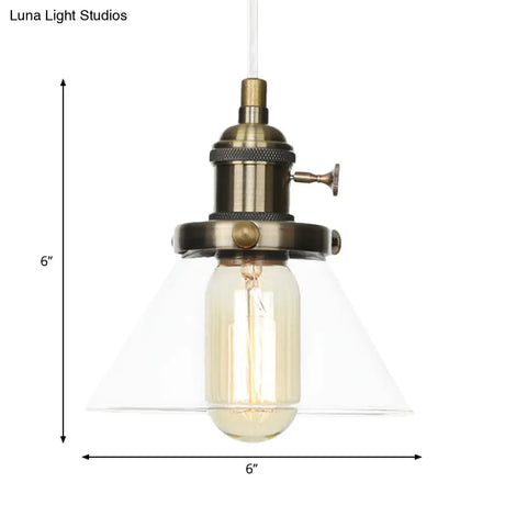 Vintage Style Conical Hanging Pendant Light With Amber/Clear Glass And Metal Head In