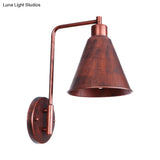 Vintage Style Conical Wall Sconce: Black/Rust Iron Lamp With Angle Arm For Farmhouse Décor