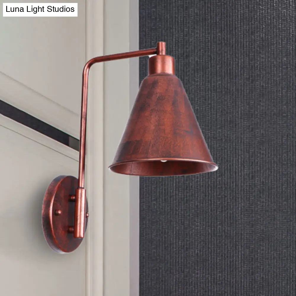 Vintage Style Conical Wall Sconce: Black/Rust Iron Lamp With Angle Arm For Farmhouse Décor