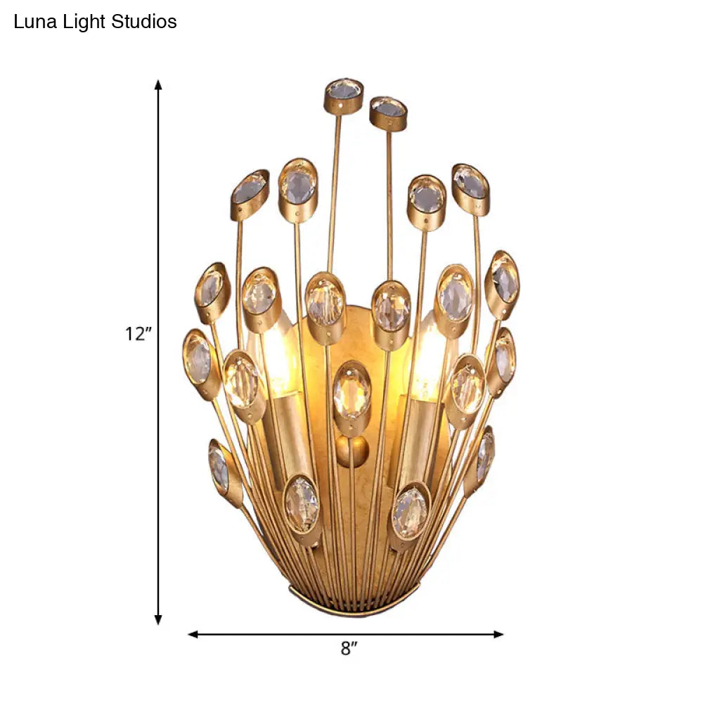 Vintage Style Crystal Wall Lamp With Peacock Tail Design - 2 Heads Brass Finish