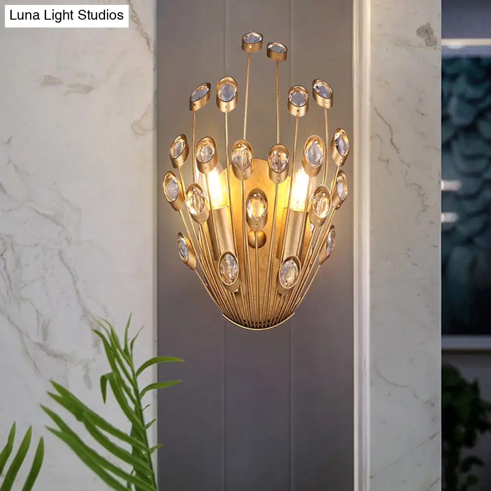 Vintage Style Crystal Wall Lamp With Peacock Tail Design - 2 Heads Brass Finish