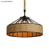 Vintage Style Drum Shade Rope Pendant Ceiling Light In Black For Coffee Shops