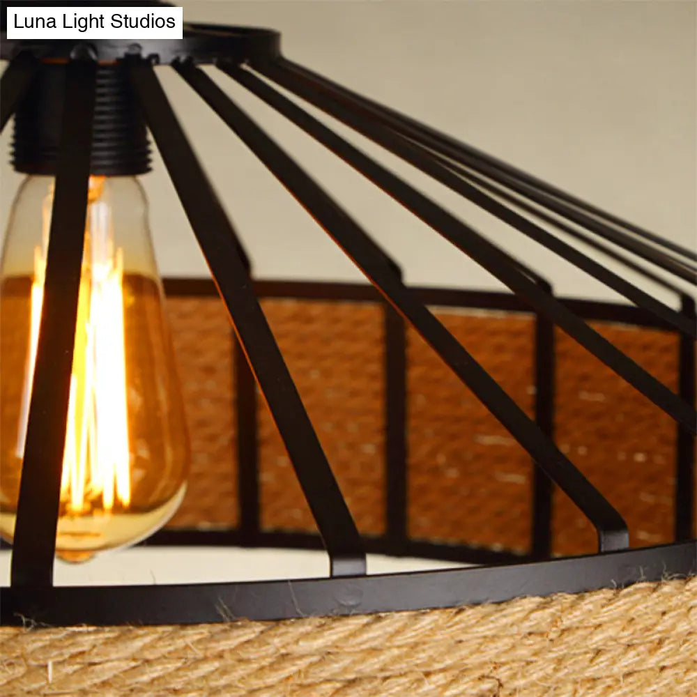 Vintage Style Drum Shade Rope Pendant Ceiling Light In Black For Coffee Shops