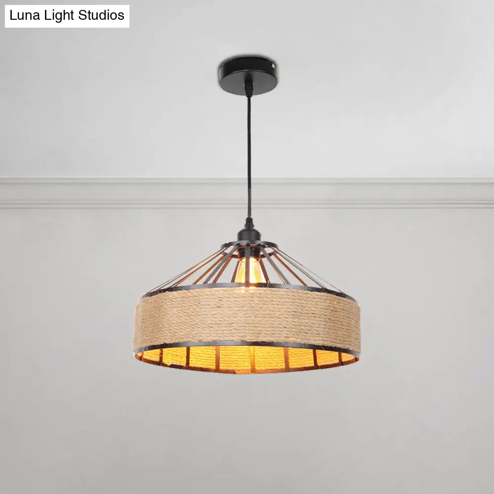 Vintage Style Drum Shade Rope Pendant Ceiling Light In Black For Coffee Shops