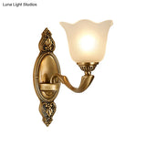 Vintage-Style Flower Opal Glass Wall Lamp With Golden Metal Arm - 1/2-Light Bedroom Mounted Lighting
