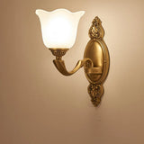 Vintage-Style Flower Opal Glass Wall Lamp With Golden Metal Arm - 1/2-Light Bedroom Mounted Lighting