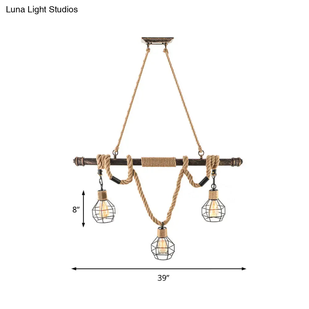 Vintage Style Globe Cage Island Lighting With 3 Heads Beige Metal And Rope Hanging Light For Dining