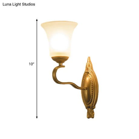 Vintage Style Gold Bell Opal Glass Wall Sconce Light Fixture For Hallways - 1/2-Head Corridor Mount