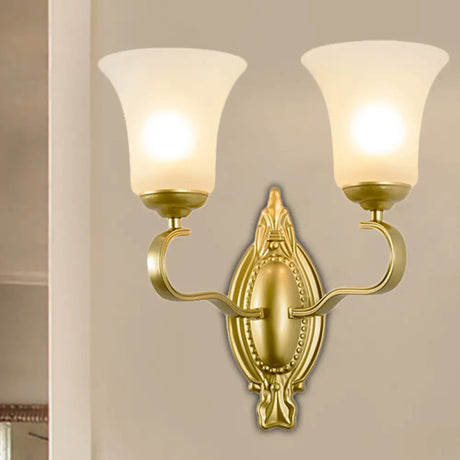 Vintage Style Gold Bell Opal Glass Wall Sconce Light Fixture For Hallways - 1/2-Head Corridor Mount