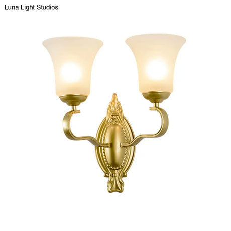 Vintage Style Gold Bell Opal Glass Wall Sconce Light Fixture For Hallways - 1/2-Head Corridor Mount