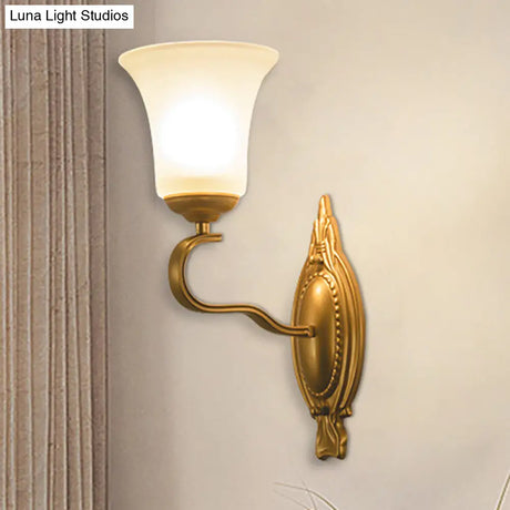 Vintage Style Gold Bell Opal Glass Wall Sconce Light Fixture For Hallways - 1/2-Head Corridor Mount