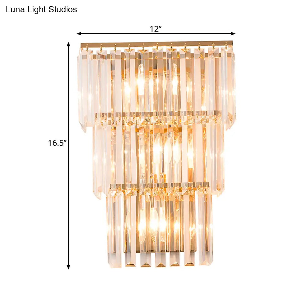 Vintage Style Gold Finish Sconce With 3 Clear Crystal Lights - Bedroom Wall Mount Lighting